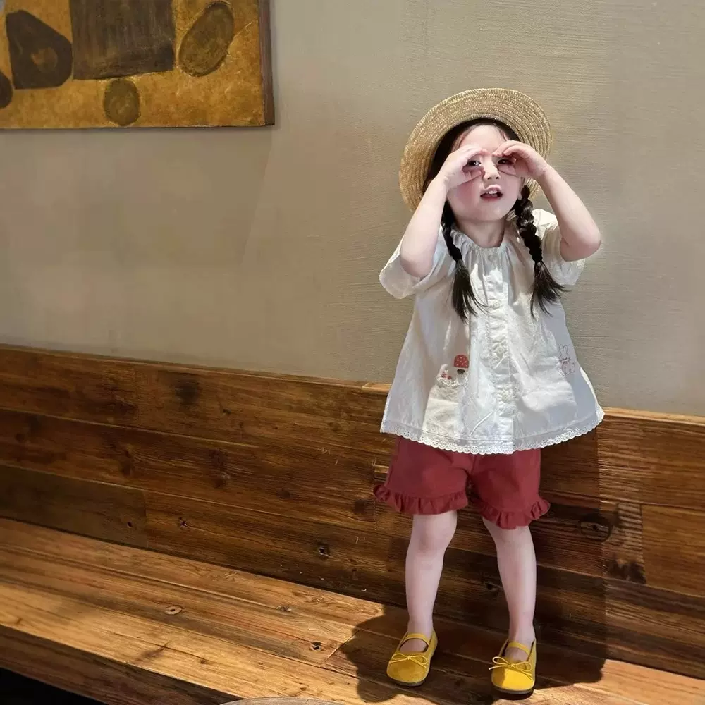 2025夏装甜美女童娃娃衫衬衣新款女宝宝可爱卡通刺绣薄款短袖衬衫