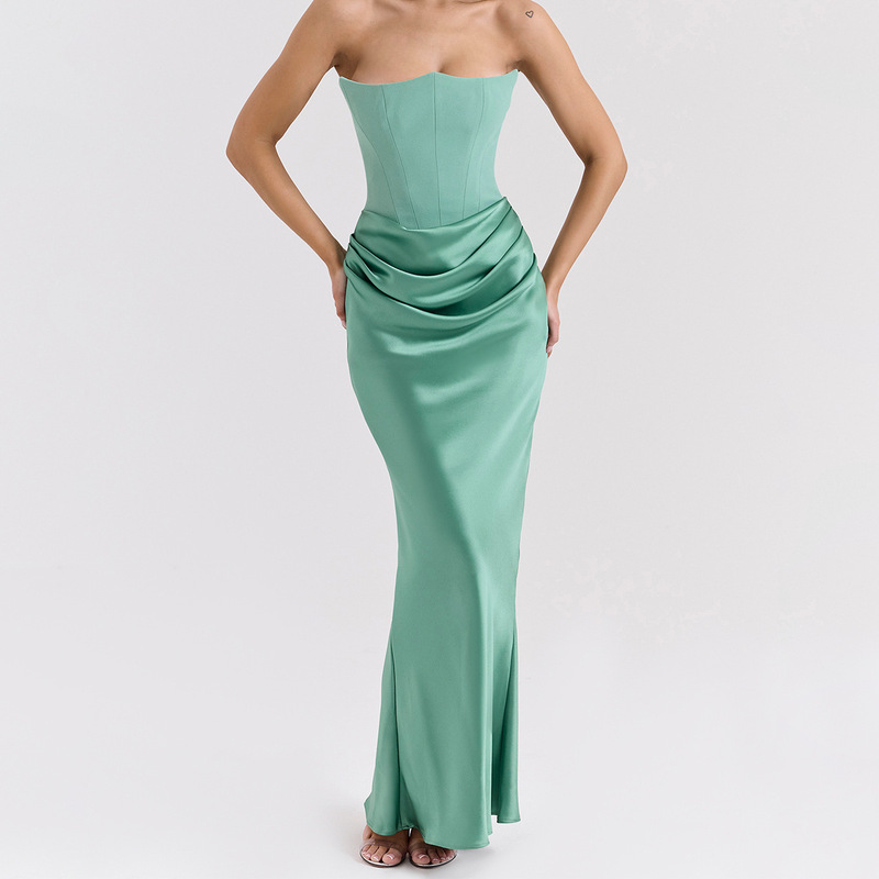 2026 European and American new style multi-color corset off-shoulder fishbone pleated long bodycon satin dress 2026 European and American new style multi-color corset off-shoulder fishbone pleated long bodycon satin dress