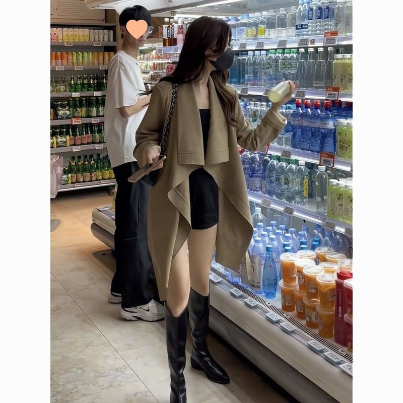 感时尚外套女2025春秋纯色大翻领设计系带收腰显瘦风衣英伦风|undefined
