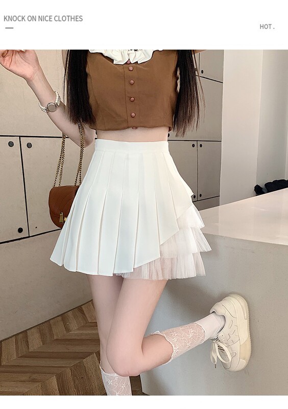 ファッションの網の紗の百のしわのスカートの女性の夏の新型のギャルの小さい人の小さい背の短いスカートの高い腰はやせているa字の半身のスカートを現します。|undefined