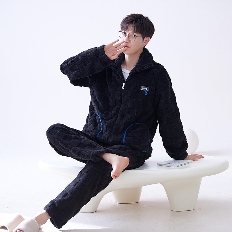 Pijamas de franela los hombres del otoño y el invierno collar soporte caliente juventud coral fleece homewear traje se puede usar fuera