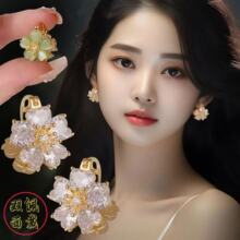 铜扣双生花荷塘月色花朵双面佩戴甜美个性猫眼石耳扣女式小众耳环