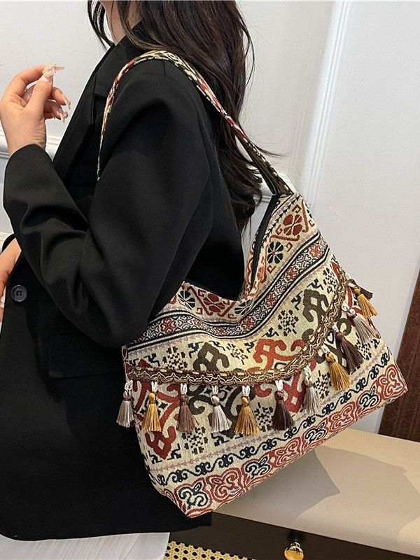 エスニックスタイルの大容量トートバッグ女性のための 2025 新しいファッショナブルなスタイルのタッセルショルダーバッグカジュアル多用途ハンドバッグ|undefined
