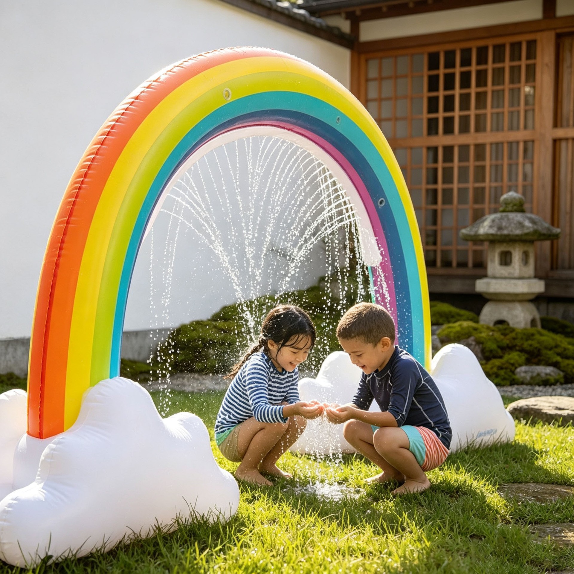 Arco de agua inflable con forma de arcoíris para niños, arco de agua con forma de tiburón para jugar al aire libre en el jardín.