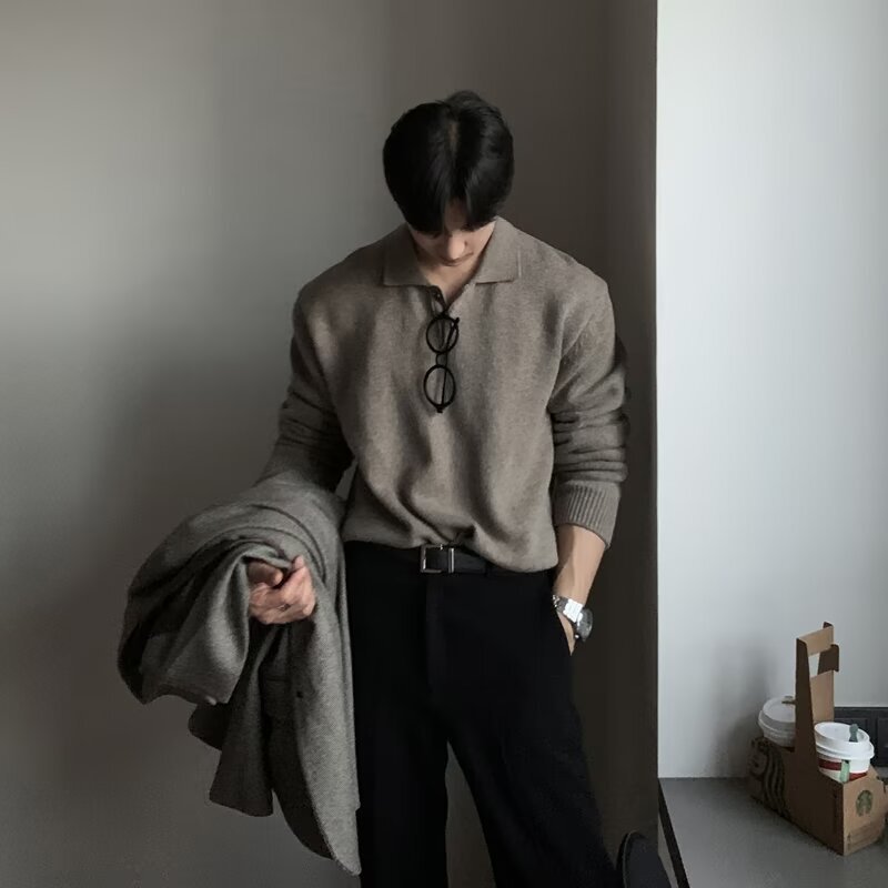 Trendy New Dongdaemun South Korea Men's Lap Collar Sweater Men's Designer Polo Collar Skin-Friendly Loose Knitted Sweater Trendy New Dongdaemun South Korea Men's Lap Collar Sweater Men's Designer Polo Collar Skin-Friendly Loose Knitted Sweater