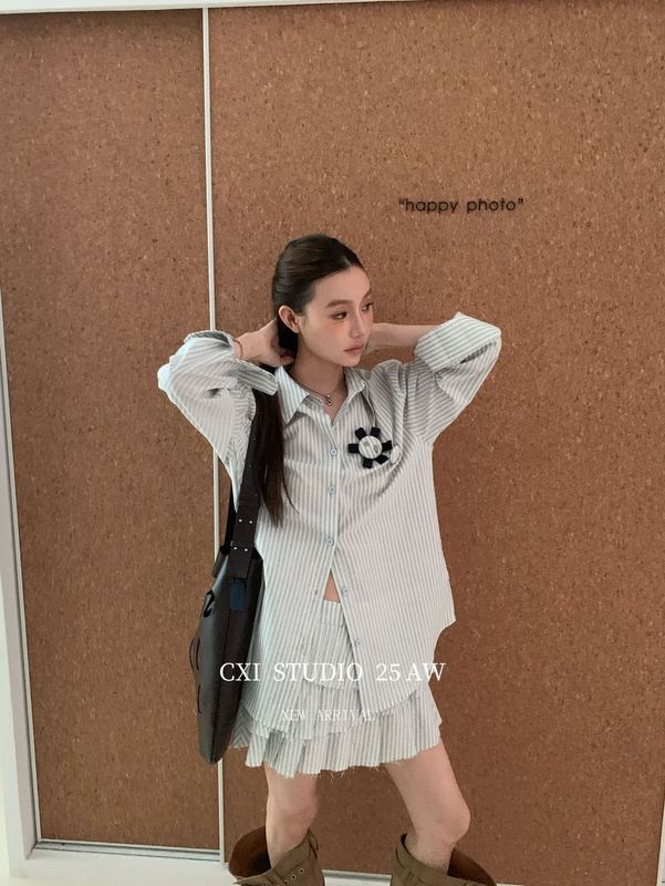 CXI 秋季新款美式小众廓形长袖衬衣裙子套装宽松条纹衫修身百褶裙|undefined