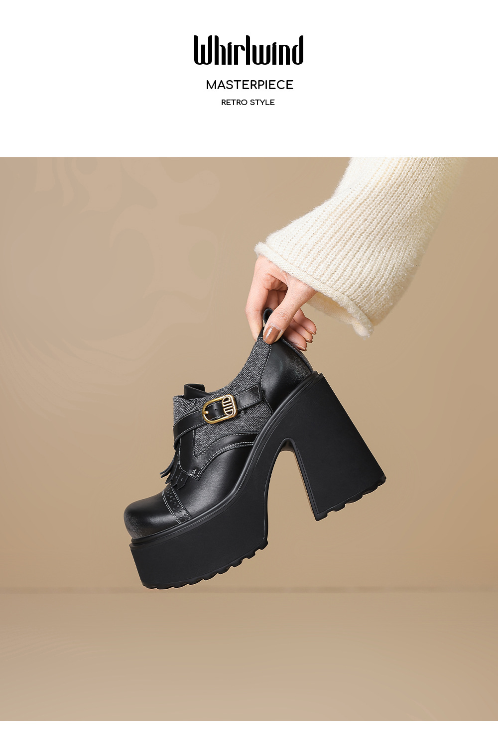 Giày cao gót nữ phong cách Anh quốc cổ điển, gót vuông siêu cao 12 cm, da bò phối màu, mũi nhọn — màu nâu chi tiết 10