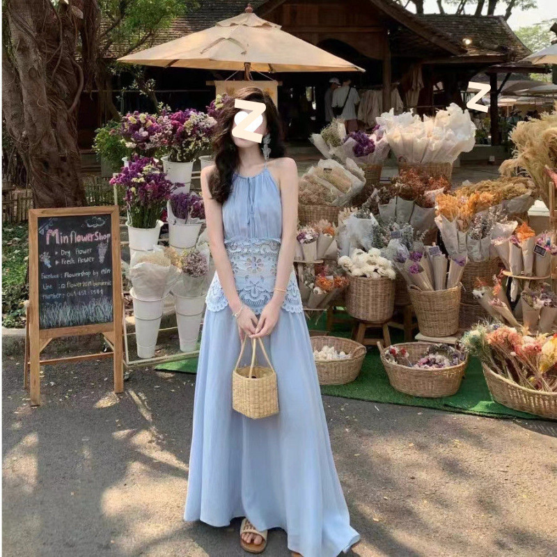 優しいスタイルの休暇ホルターネックスリムベストドレス婦人服 2025 夏の新しいエレガントな A ラインロングスカート|undefined