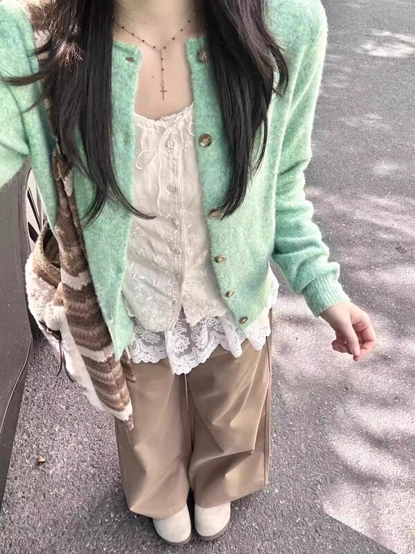 薄荷绿色复古卷边针织开衫毛衣外套女新款春秋季软糯早秋外搭上衣|undefined
