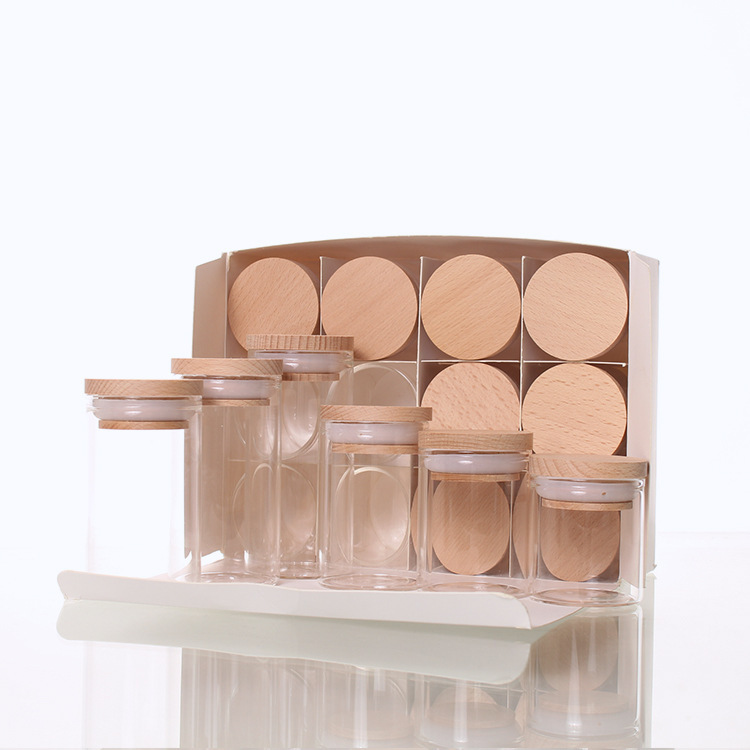 High-grade fat flow tea cold bubble flower and fruit tea wooden lid transparent jar food flat bottom small canned display storage gift bag