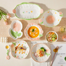 ins小清新手绘陶瓷潮州餐具套装郁金香可爱盘子家用饭汤碗高颜值