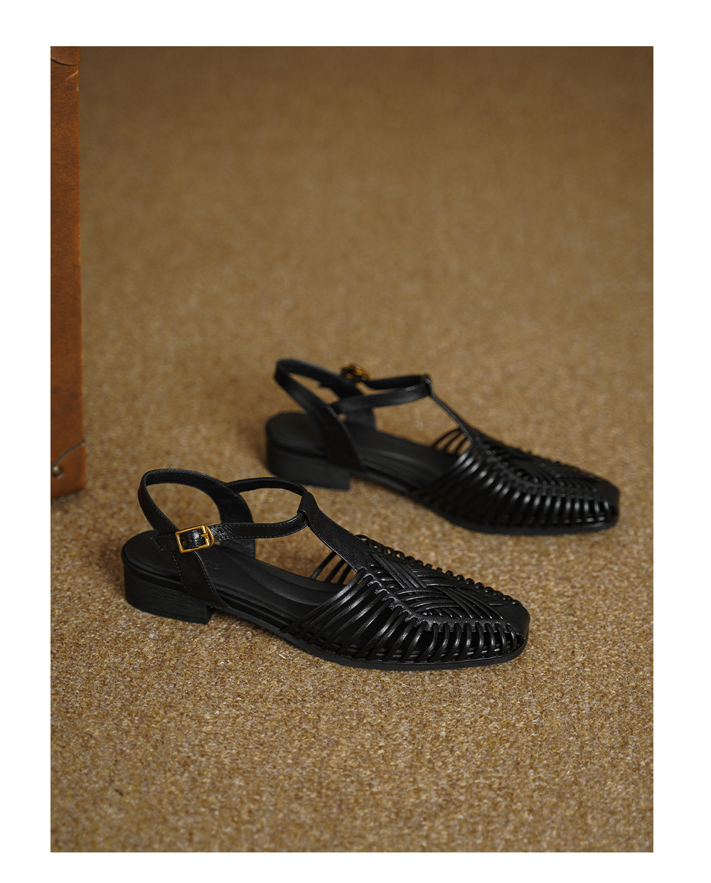 Sandal nữ quai dệt mảnh mũi vuông gót phẳng — màu nâu chi tiết 15