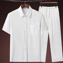 中老年男士短袖衬衫棉麻套装爸爸装夏装宽松翻领寸衣老人衣服爷爷