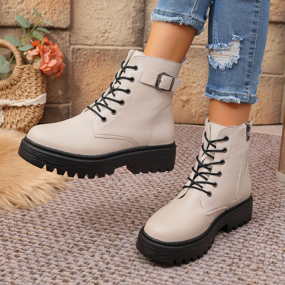 Women's Plus Size Round Toe Ankle Boots With Side Zipper Thick Soled Winter Martin Boots Belt Buckle New Style_voghion.com