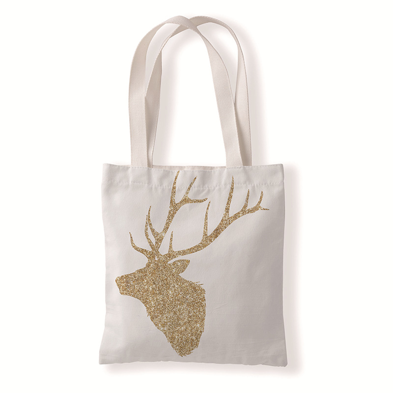 金色鹿头印花手提时尚单肩购物袋休闲零钱袋文艺手提帆布袋