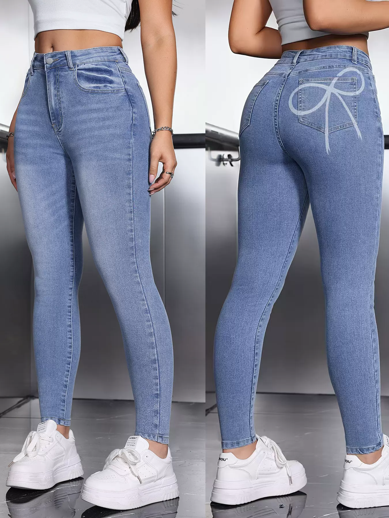 跨境女装印蝴蝶结提臀欧美风修身弹力女士牛仔小脚裤