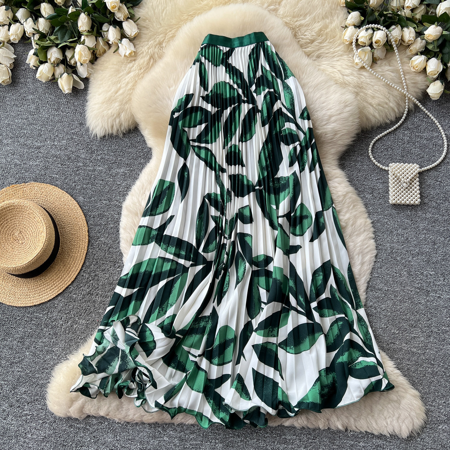 High Waisted Slimming Pleated Midi Skirt for Women French Style Printed A-Line Perfect for Summer Vacation And Work_ecoleips.com