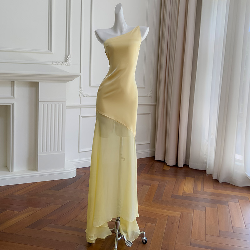 European and American Fashion Women's Off-Shoulder Sleeveless Backless Dress Slim Sexy Strap Elegant Long Dress 69338