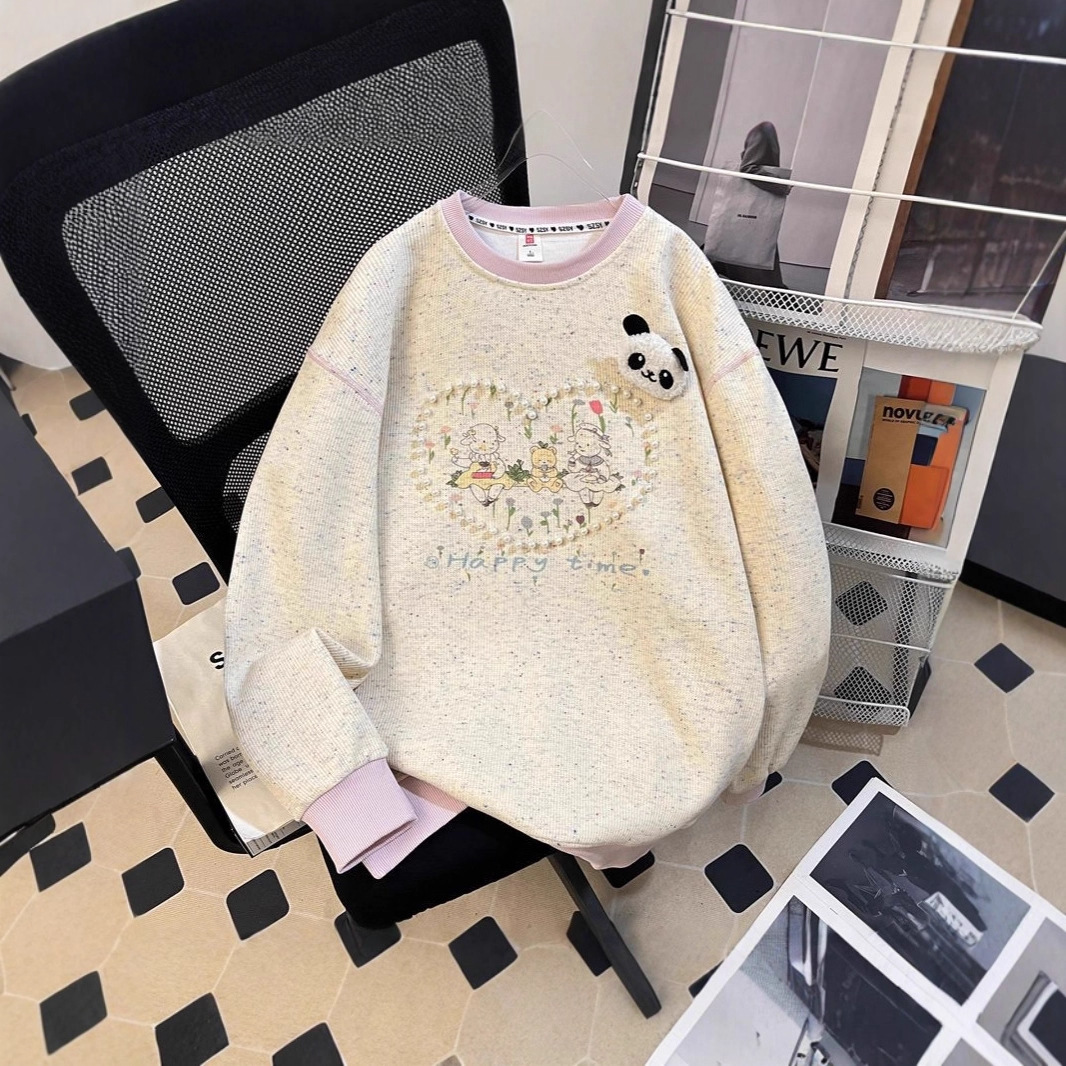 2025新款春秋甜美可爱风熊猫印花圆领卫衣女宽松减龄套头上衣