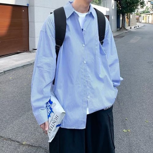 Blue Striped Shirt Men's Long Sleeve Summer Thin Shirt Japanese Cool Style Design Sense Minority Hong Kong Style Outerwear Trend