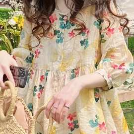 Z 33493 Floral ramie loose women's shirt 碎花苎麻宽松女士衬