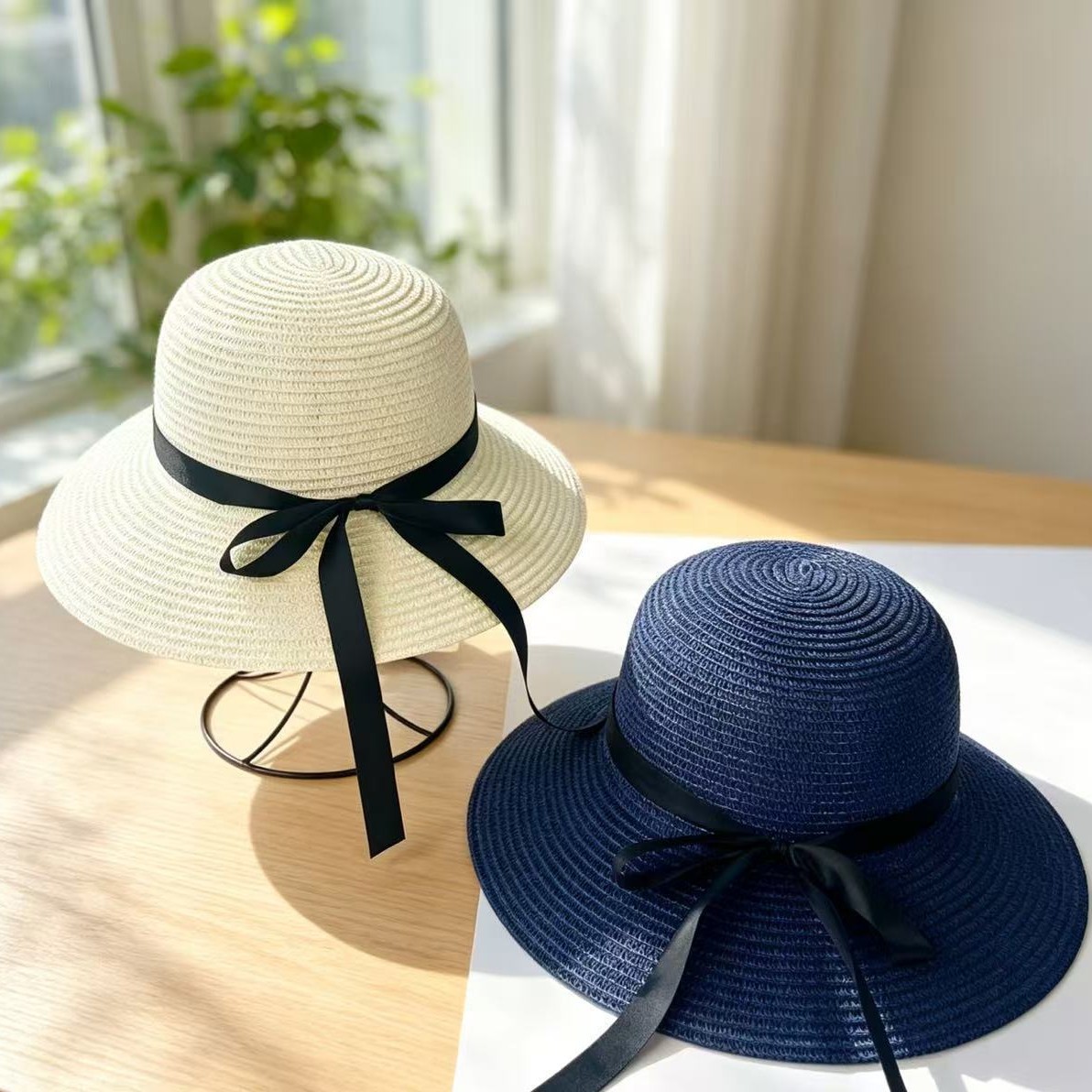 Sombrero de paja para el sol de verano para mujer con lazo de cinta negra, sombrero de ala ancha, sombrero tipo cubo para adultos, sombrero de protección solar para mujer con ala ancha.
