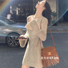 小个子感气质V领长袖针织连衣裙秋冬修身显瘦内搭包臀短裙女