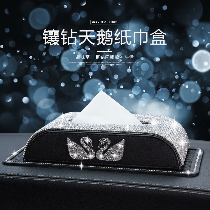 Caja de dibujo de doble cisne, caja de pañuelos de coche con diamantes, decoración de coche, consola central, caja de pañuelos, caja de reposabrazos, diamantes de imitación, mujer