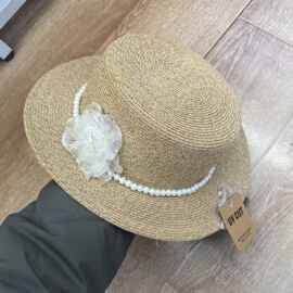 法式复古平顶礼帽夏季草编遮阳防晒草帽海边气质珍珠沙滩帽子女款