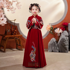 Children's Hanfu 2025 Spring New Chinese Style Ancient Costume Dress for Little Girls, Red Wine Color Embroidered Hanfu Ruqun