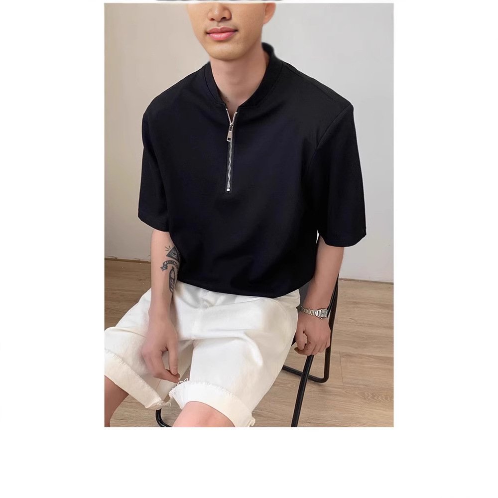 남성용 하이넥 디자인 하프 지퍼 어깨 패드 티셔츠, 쿨하고 금욕적인 루즈한 반팔 탑, 브이넥 헨리 셔츠
