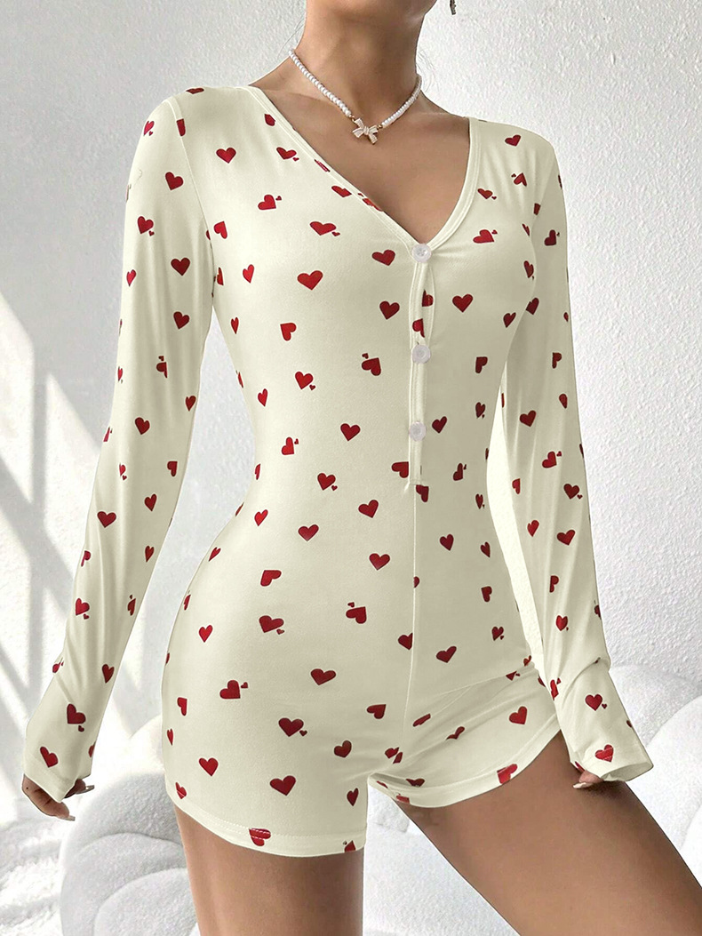 Damen Slim Fit Langarm Body Mit V-ausschnitt Herzmuster Schlafanzug_voghion.com