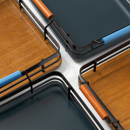 Tea tray household simple iron handle tray restaurant hotel tea set tray rectangular European style bamboo wooden tray