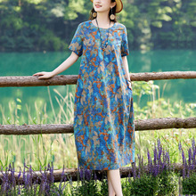 高端棉麻碎花连衣裙女2025夏季新款中老年妈妈宽松遮肚休闲直筒裙