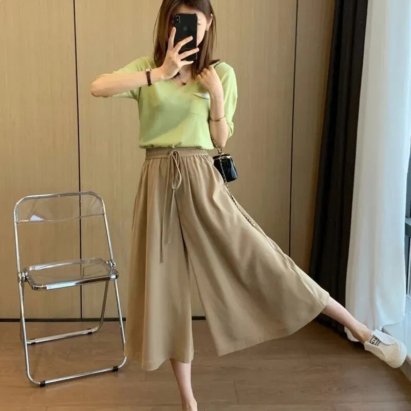 Satin Wide-Leg Culottes for Women, Summer 2026 New Style Casual Pants, High-Waisted, Drapey, Loose-Fitting, Slimming A-Line Cropped Pants