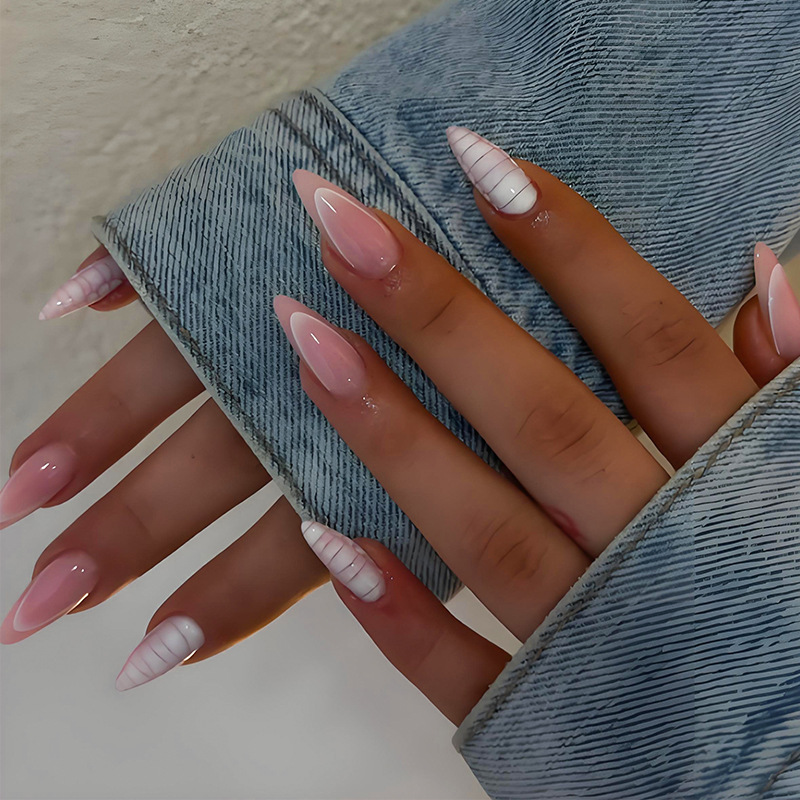 Long Pointed Nails Ins Style Wearable Nails White Pattern High-End Patch Manicure Fake Nails Finished Nails