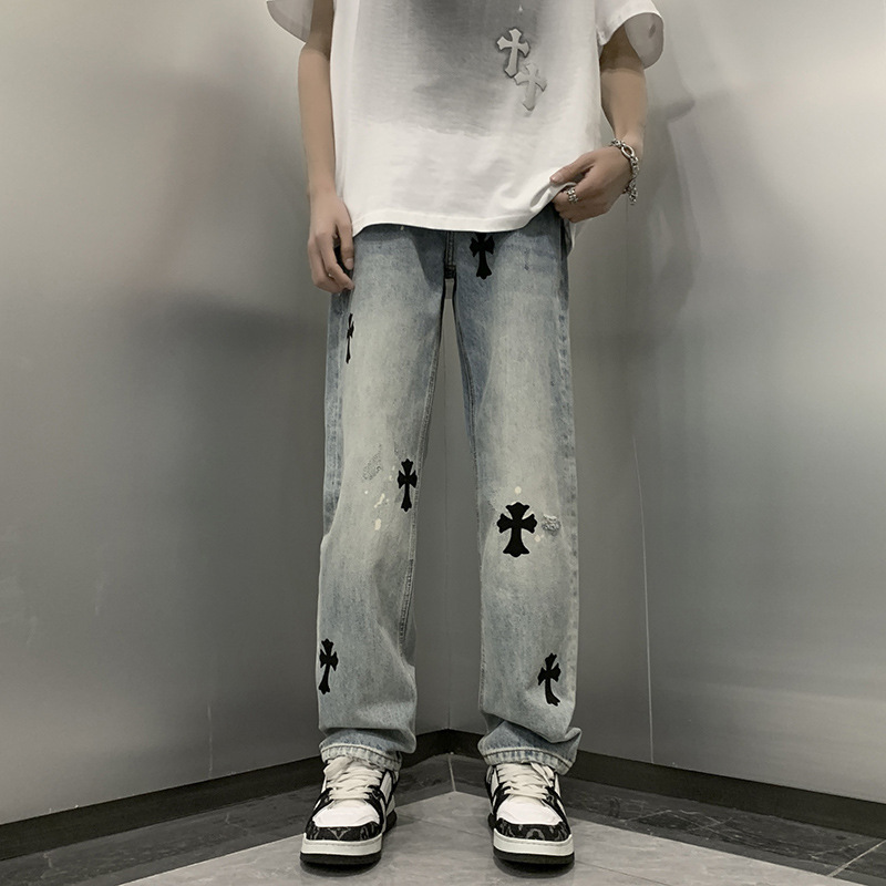 Stylish Washed Vintage Cross Print Men's Straight-Leg High Street Designer Trendy Japanese Loose Jeans