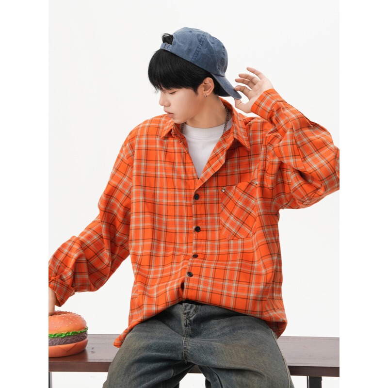 American Retro Orange Plaid Long-Sleeved Shirts for Men and Women, Loose and Versatile Casual High Street New Couple Shirts for Men American Retro Orange Plaid Long-Sleeved Shirts for Men and Women, Loose and Versatile Casual High Street New Couple Shirts for Men
