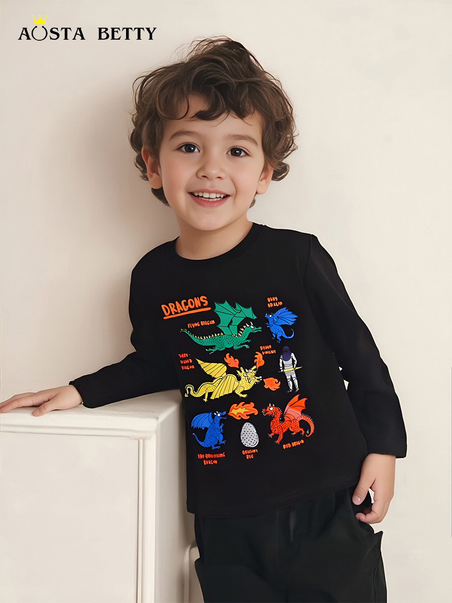 26 nuevas camisetas infantiles de otoño, camisetas de manga larga para niños con estampado de dinosaurios de estilo europeo y americano, camisetas de algodón para niños pequeños. image 1