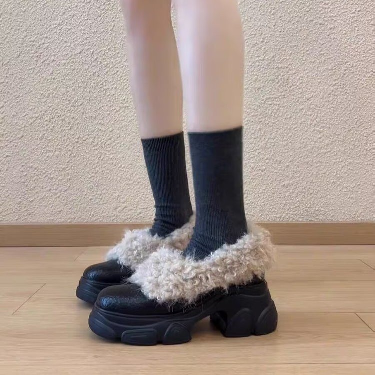 羊皮版~高跟毛毛鞋复古加绒高跟鞋女一脚蹬保暖粗跟玛丽珍小皮鞋