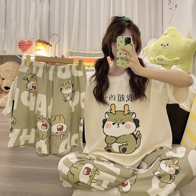 [conjunto de tres piezas] pijamas de mujer nuevo cuello redondo de verano manga corta ropa casera casual pantalones cortos sueltos set