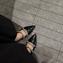 新款夏季水钻漆皮凉鞋女一字带尖头高跟鞋细跟包头半拖平底凉拖鞋