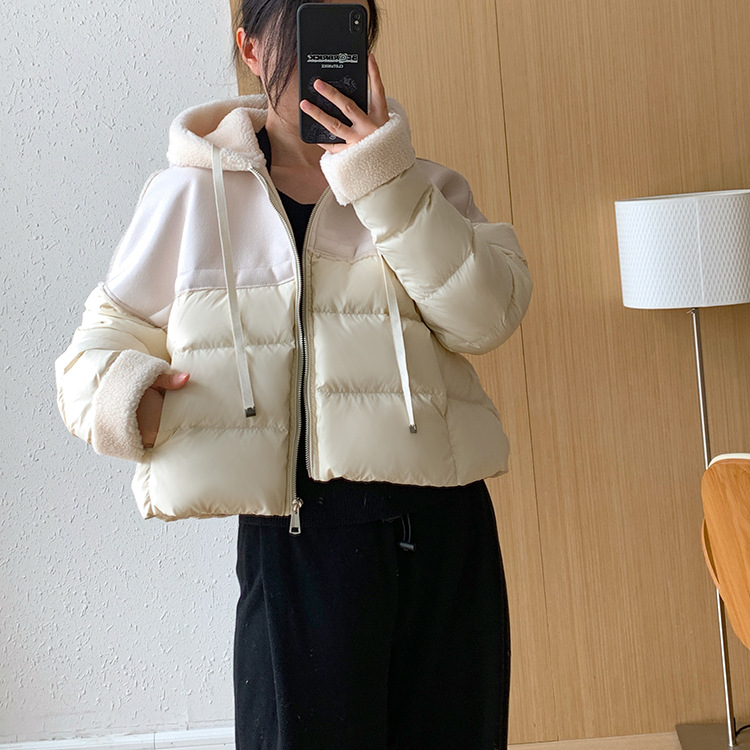 Giacca corta europea in piumino per donna stile corto cuciture colore a contrasto pelle PU leggera lusso alta qualità maglione largo 2024 nuovo inverno_voghion.com