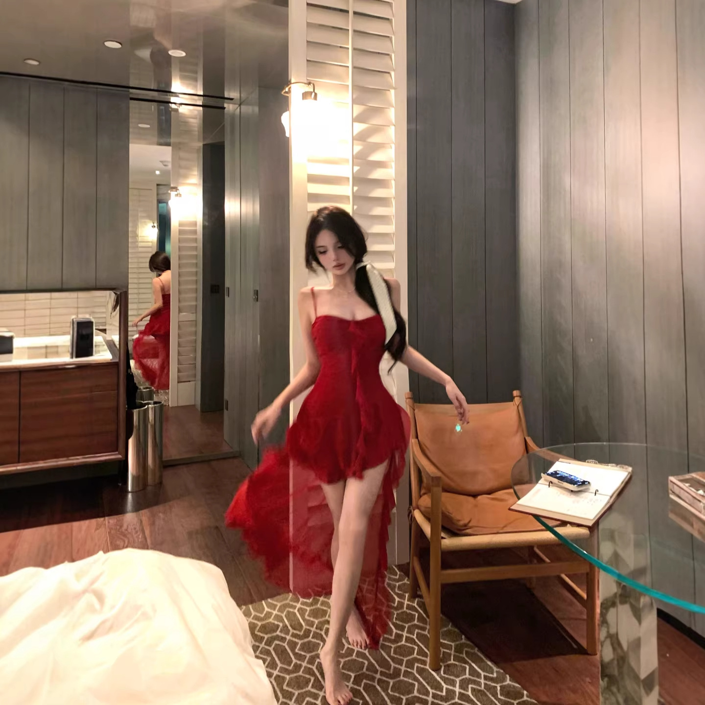 Traveling in the Great Northwest, Taking Photos in Xinjiang Grasslands, Wearing a Long Dress for Vacation, Women's Red Swallowtail Irregular Strap Dress