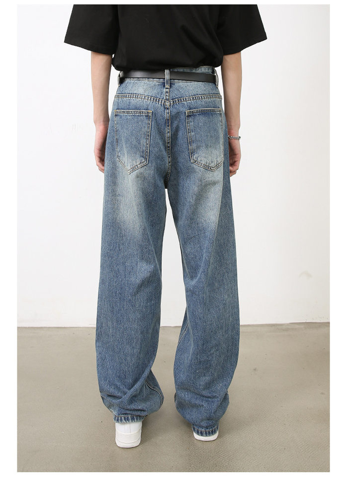 Quần jeans nam ống đứng dáng suông rộng, denim xử lý giặt retro phong cách Mỹ, quần dài mặc hằng ngày — Màu xanh lam chi tiết 15