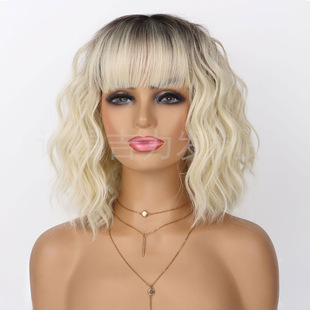 Amazon short curly hair women's headgear with neat bangs water ripples gradient gold chemical fiber high temperature silk Bob headgear
