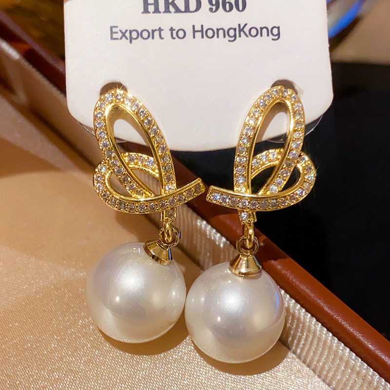 中古vintage蝴蝶结珍珠耳环复古宫廷风耳钉小众高级感精致耳饰女|undefined