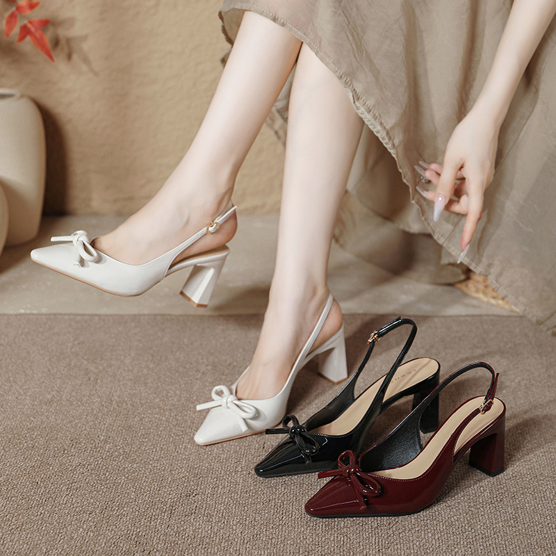 Baotou Hollow Back Sandals 2025 New Summer Style Fairy Bow Fashionable Elegant Versatile Thick High Heels