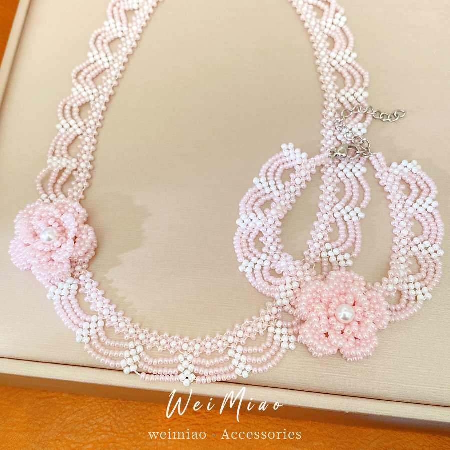Rosa dulce viento cuentas de encaje flor collar de perlas ligero lujo nicho cadenas de clavícula temperamento conjunto de joyas de alta calidad