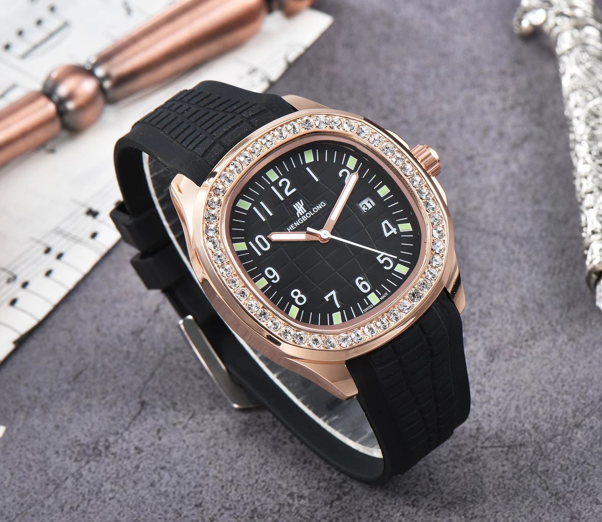 Men's Quartz Watch Square Nautilus Style Diamond Set Silicone_voghion.com